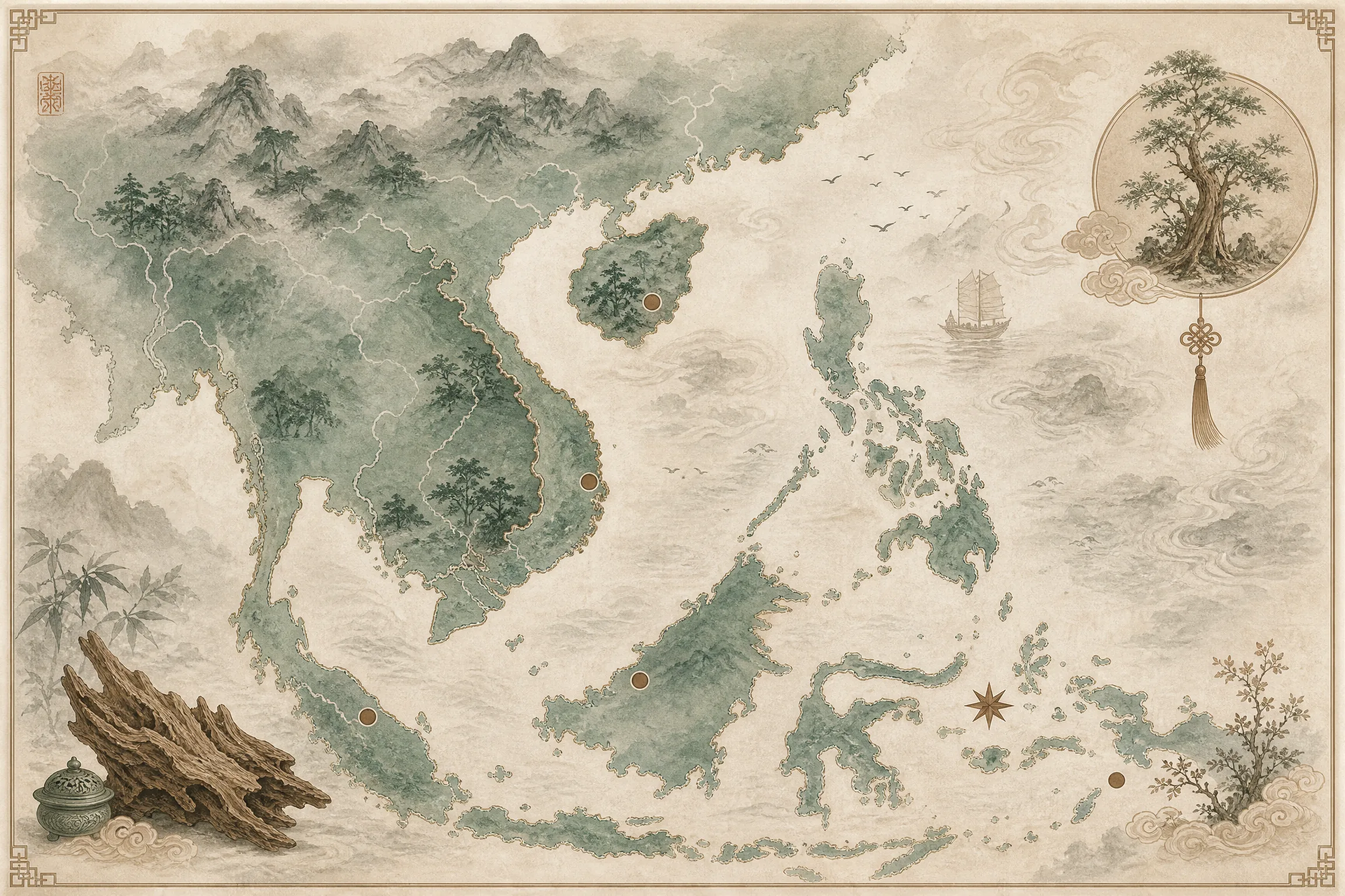 水墨风格﻿的亚洲沉香产﻿区地图，﻿标注海南、芽庄、惠安、星洲等结香产地
