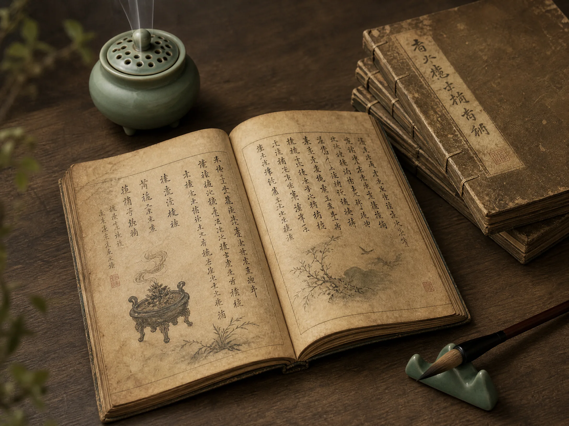 历代香谱古籍，线​装书页上竖排手写香方文字